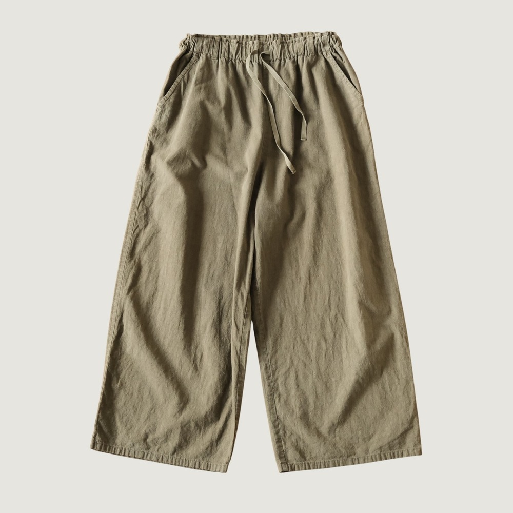 Pas de Calais Wide Leg Trousers Olive Green Drawstring Linen Blend Mori Kei 38